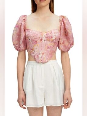Bardot Kiah Floral Corset Crop Top In Pink Garden Size Medium
